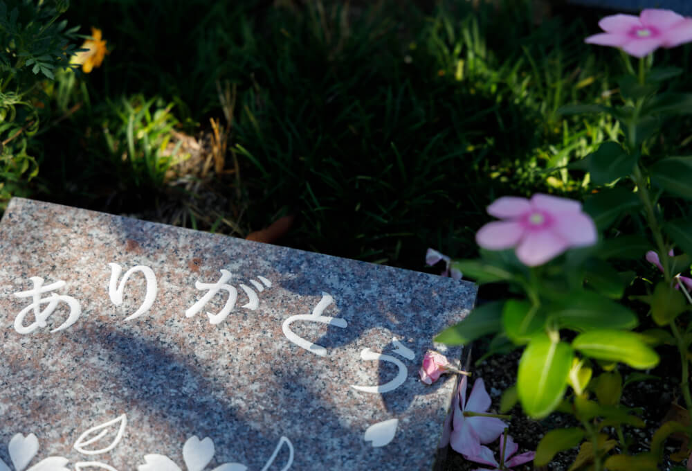 草花に囲まれた墓石。墓石には「ありがとう」と文字が刻まれている。